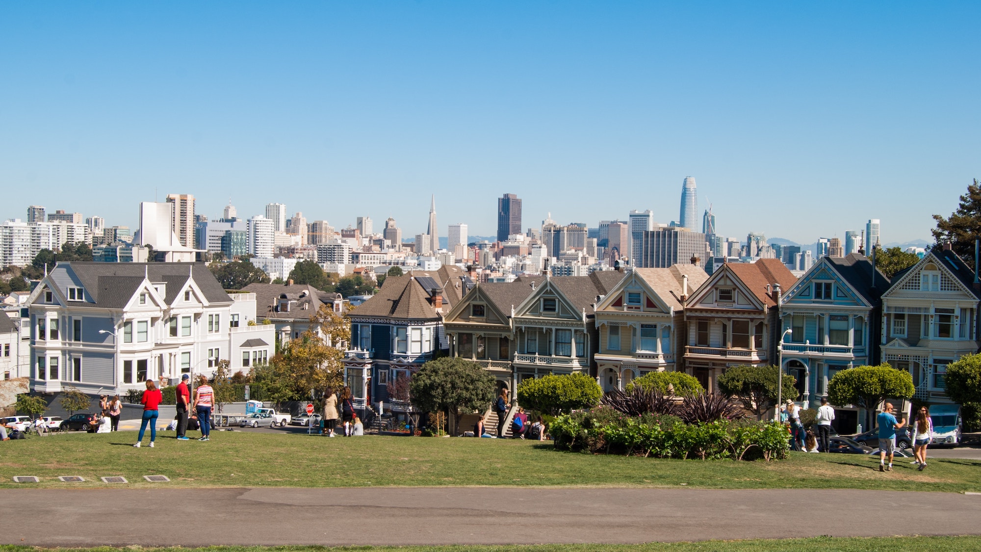 Scenic picture of the painted ladies in San Francisco as well as the Financial District in the background