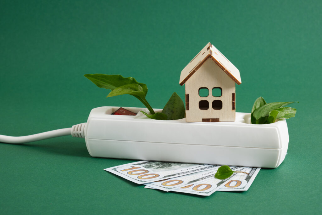 surge protector with a red power button, dollar bills, a miniature house and green leaves of a plant on a green background, saving on electricity, eco-friendly energy resources